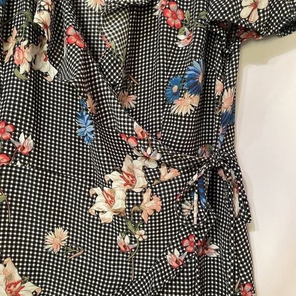Sugar High Gingham Floral Ruffled Wrap Blouse Womens L Romantic Flutter Sleeve - Picture 8 of 14